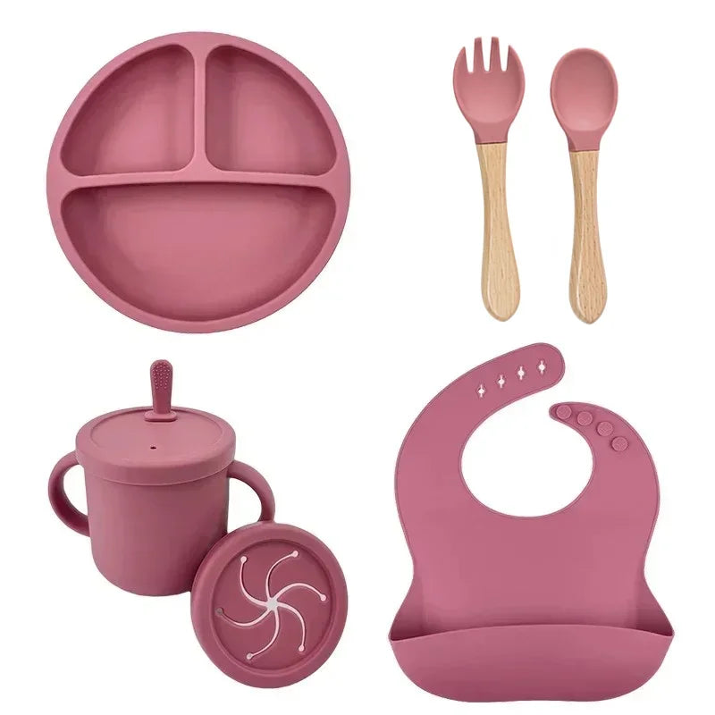 Food Grade Silicone Child Dish Set Baby Feeding Bowl Suction Plate Straw Cup Wooden Spoon Fork for Kids Tableware Toddler Dishes Purest Peak